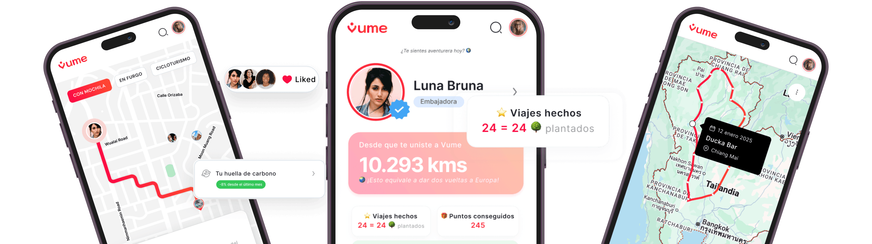 Tres pantallas de la app Vume: mapa con ruta y huella de carbono, perfil de embajadora Luna Bruna con kilómetros recorridos y árboles plantados, y ruta de viaje en Tailandia